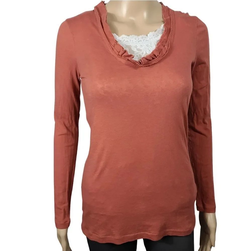 J.crew Burnt Orange long Sleeve Ruffled Neck Top